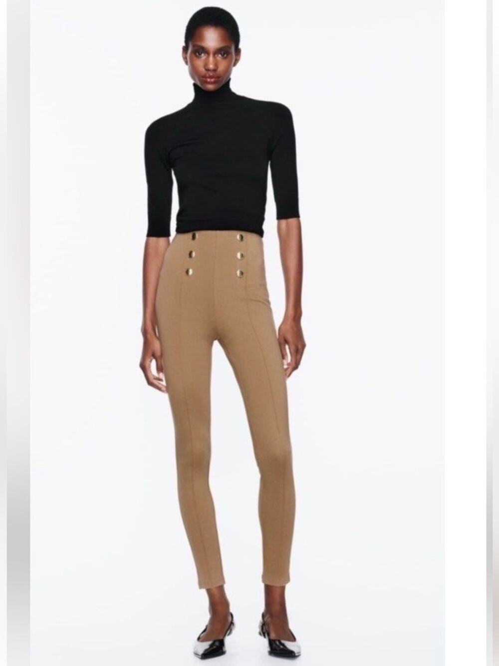 Zara Tan Ponte Knit Military Button High Waist Slim Legging Pants M